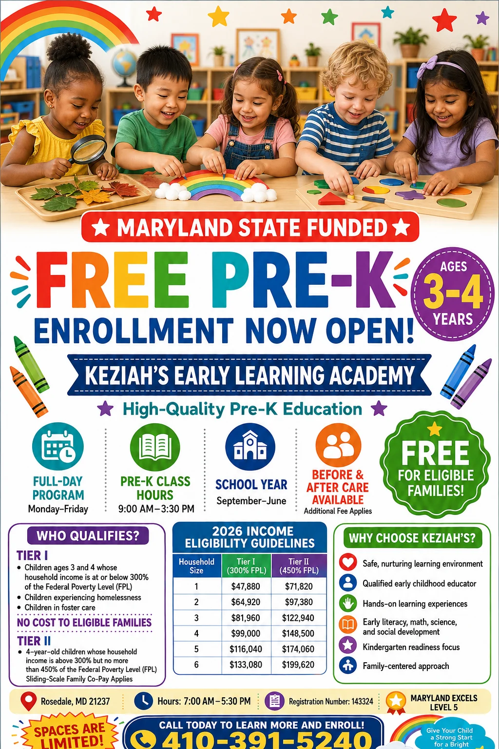 Flyer: free Pre-K enrollment at Keziah's Early Learning Academy